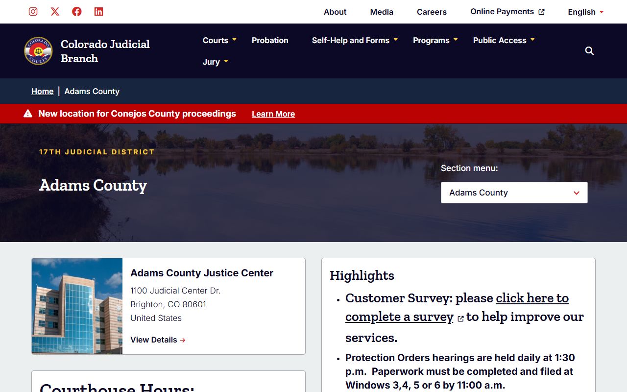 Adams County Colorado court homepage showing docket search options