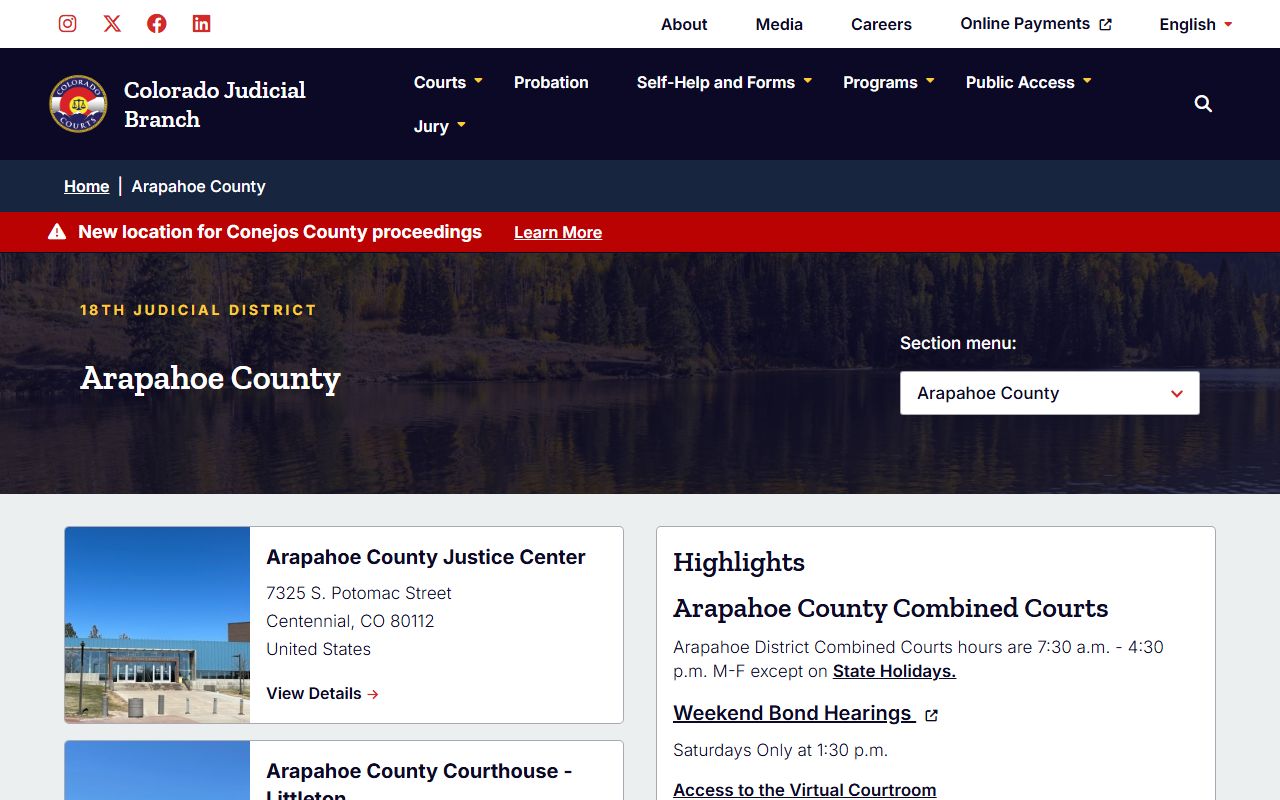Arapahoe County Court homepage with docket search links
