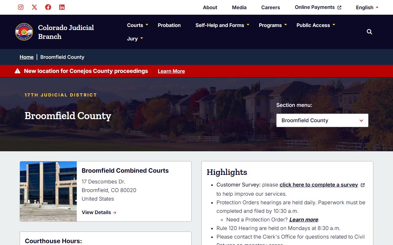Broomfield County Colorado court homepage for docket searches