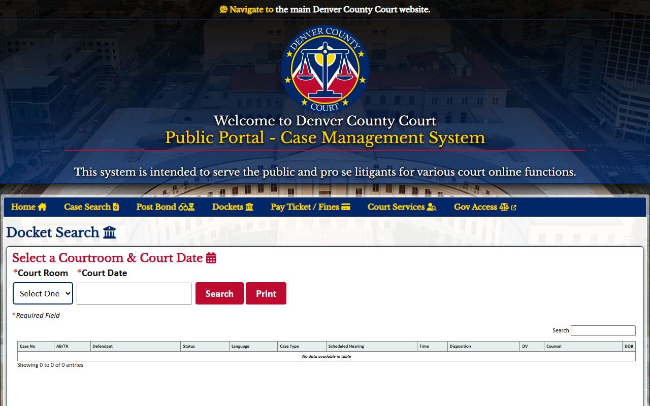 Denver County Court docket search page showing court calendar