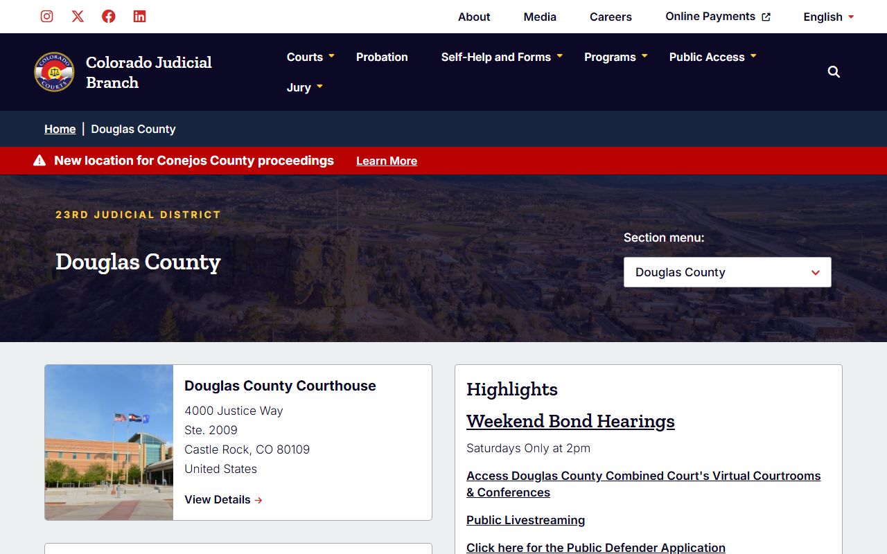 Douglas County Colorado courthouse homepage and court docket access