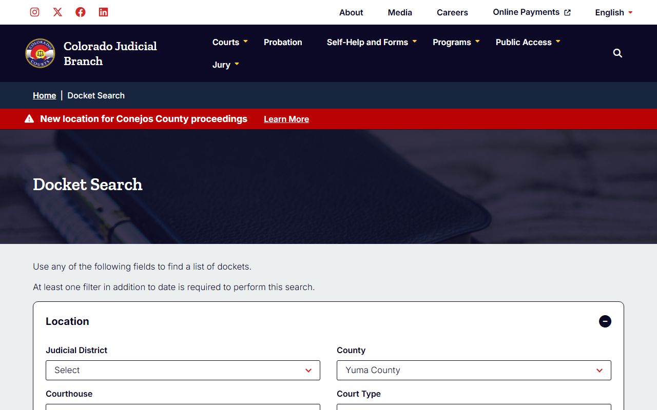 Weld County court docket search portal